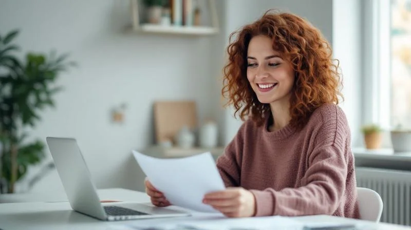 Frau schaut zufrieden auf Foerderunterlagen am Schreibtisch in einem Braunschweiger Buero