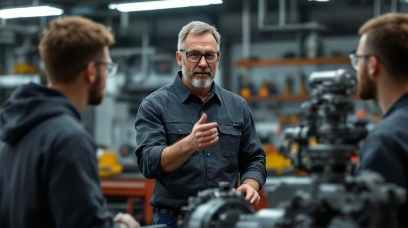 Ausbilder im Volkswagen-Umfeld unterweist Auszubildende in einer technischen Werkstatt in Braunschweig