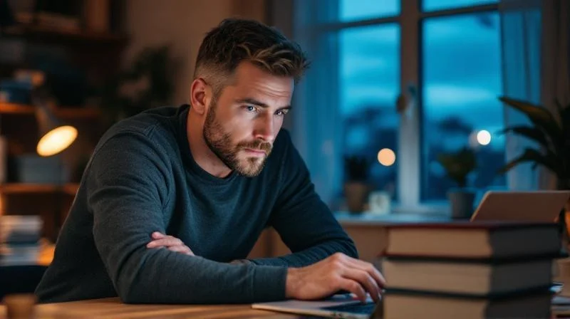 Mann im Gesprach mit Kollegin ueber Karrierestufen vor einem Laptop in Braunschweig