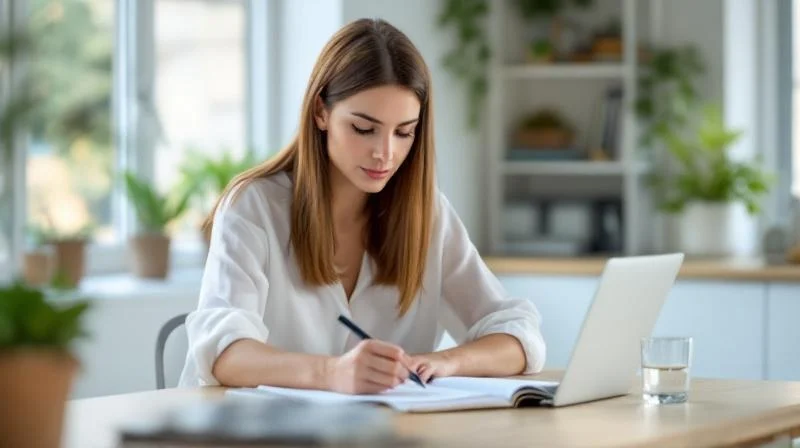 Frau in modernem Brueckenkopf-Buero in Braunschweig prueft Karriereunterlagen am Laptop