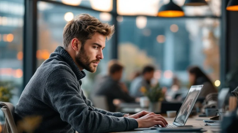 Braunschweiger Angestellter im Coworking-Space mit Laptop, im Hintergrund Forschungsregion-Kulisse