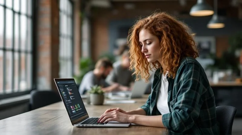 Quereinsteigerin im Braunschweiger Co-Working-Space arbeitet mit KI-Tools an einem Automatisierungsprojekt