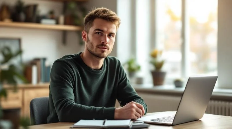 Mann arbeitet konzentriert am Laptop in einem modernen Buero in Braunschweig