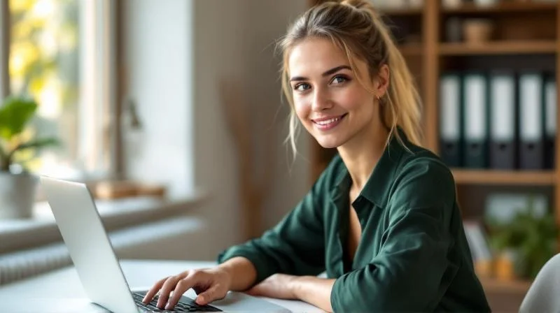 Frau am Schreibtisch mit Laptop bei der Weiterbildung in Braunschweig